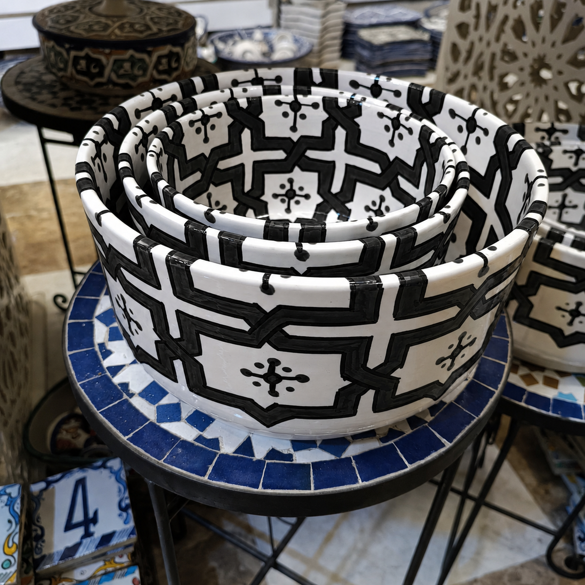 Handmade Moroccan Ceramic 4 Bowl Set – Hand-Painted Geometric Design | Fez Pottery