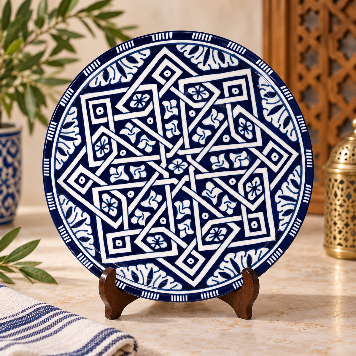 Handmade Moroccan Ceramic Decorative Plate – Blue & White Geometric Zellige Design