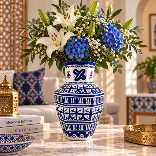 Moroccan Ceramic Vase – Blue & White Fez Pottery, 28 cm
