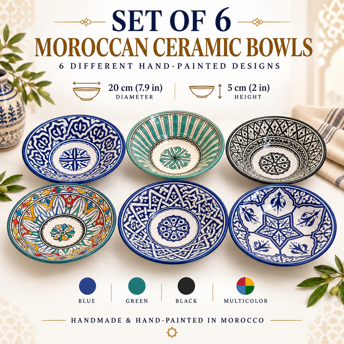 Set of 6 Moroccan Ceramic Bowls – Hand-Painted Berber Design, 20 cm (7.9")