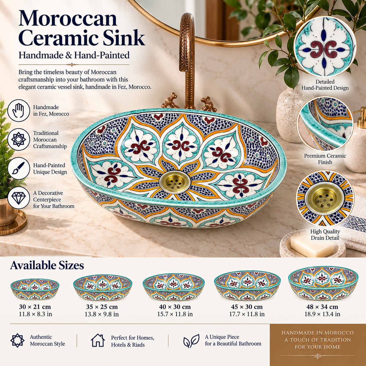 Handmade Moroccan Ceramic Vessel Sink – Hand-Painted Bathroom Basin