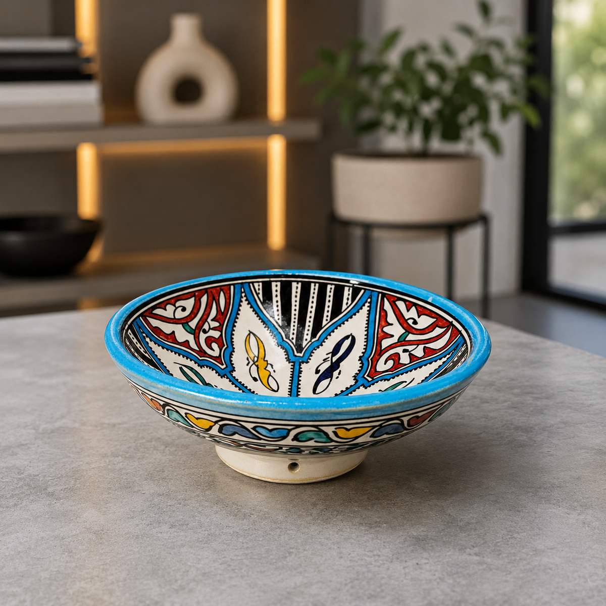 Handcrafted Moroccan Ceramic Serving Bowl – Traditional Blue & White Fez Pottery
