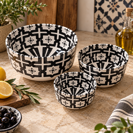 Handmade Moroccan Ceramic 4 Bowl Set – Hand-Painted Geometric Design | Fez Pottery