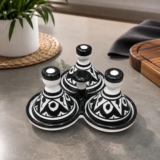 Moroccan Ceramic tagine 3-Compartment Spice Server – Hand-Painted black & White Tagine Condiment Holder