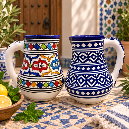 Traditional Moroccan Fassi Ceramic Pitcher – Multicolor & Cobalt Blue