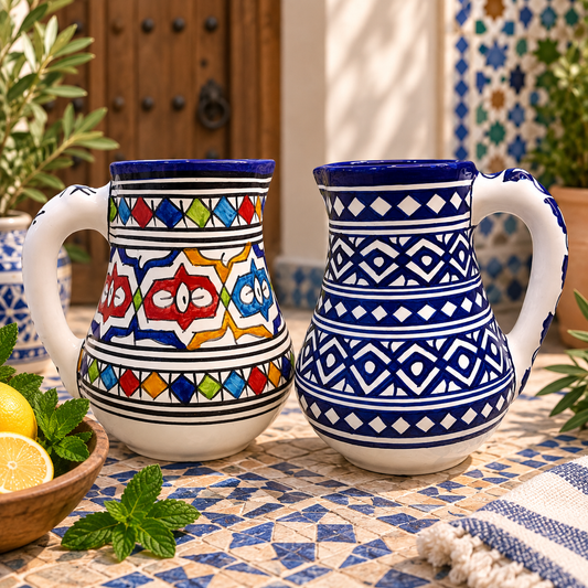 Traditional Moroccan Fassi Ceramic Pitcher – Multicolor & Cobalt Blue