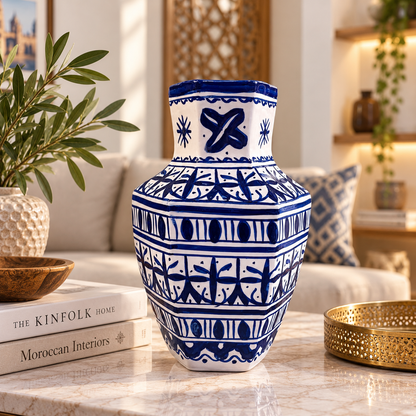 Moroccan Ceramic Vase – Blue & White Fez Pottery, 28 cm