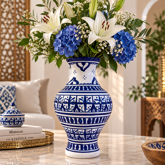 Handmade Moroccan Ceramic Vase – Blue & White Fez Pottery, 28 cm