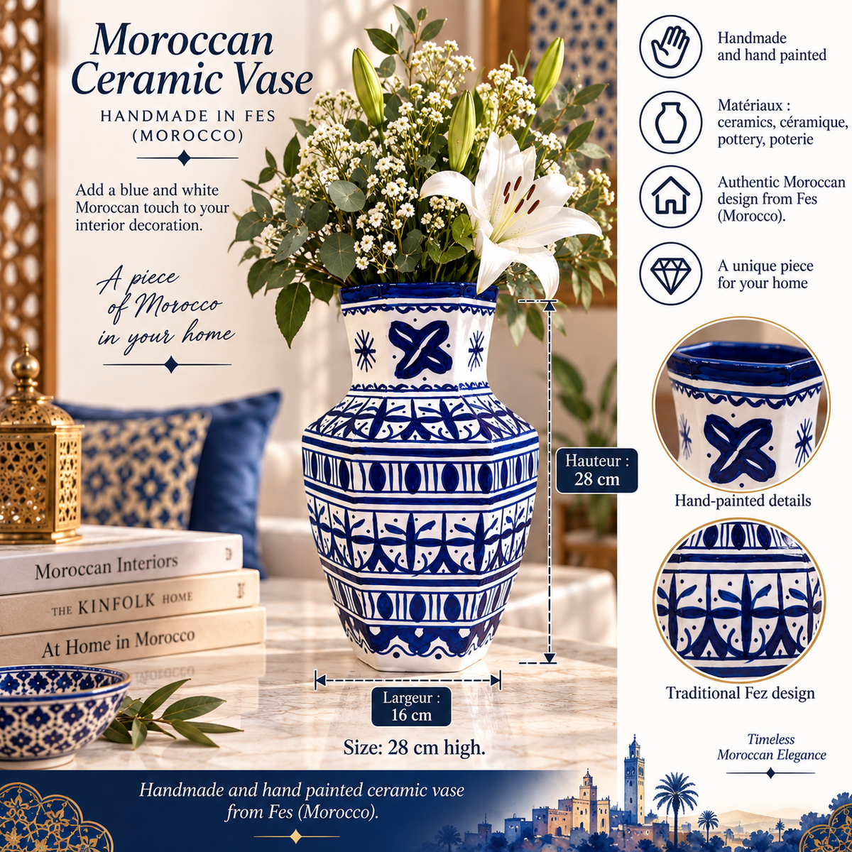 Moroccan Ceramic Vase – Blue & White Fez Pottery, 28 cm