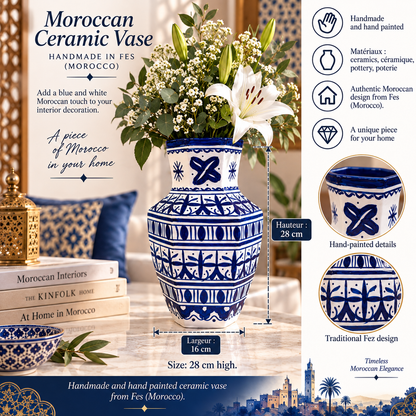 Moroccan Ceramic Vase – Blue & White Fez Pottery, 28 cm