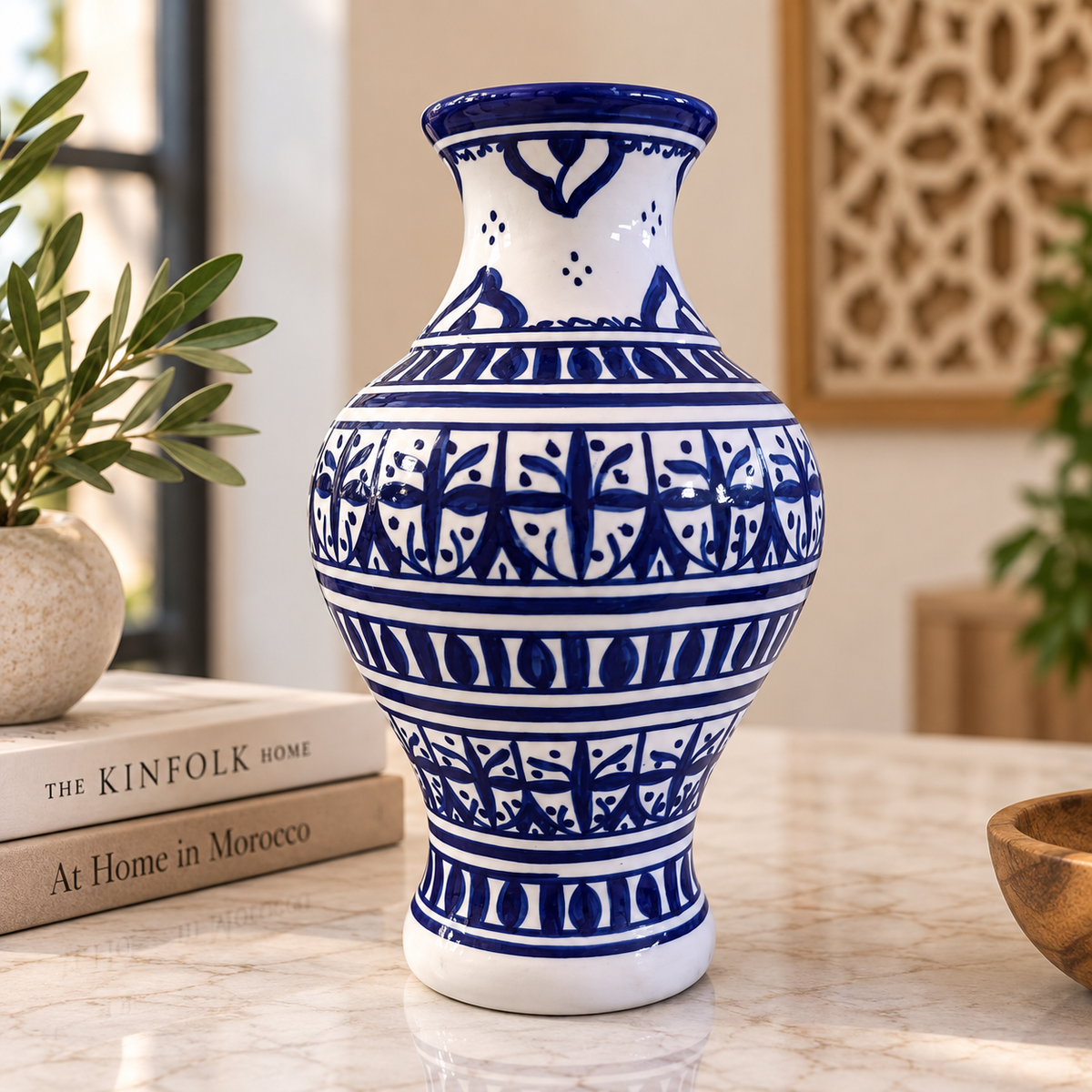 Handmade Moroccan Ceramic Vase – Blue & White Fez Pottery, 28 cm