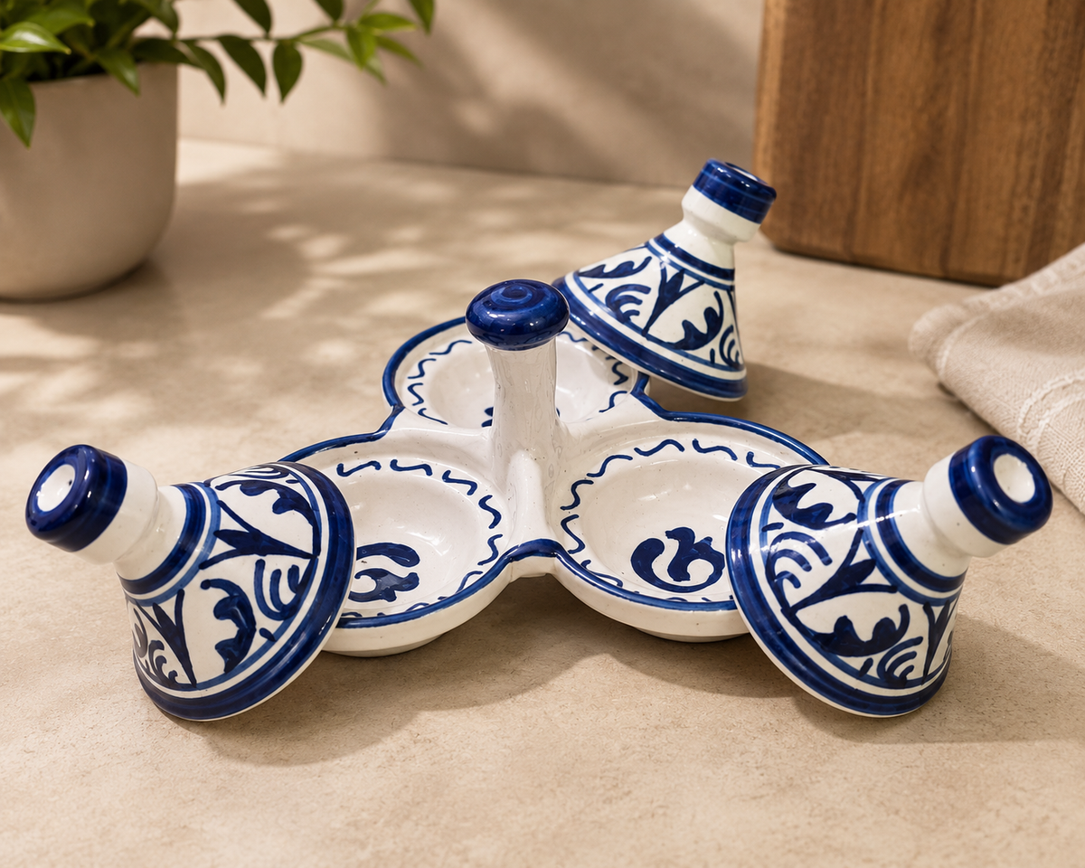 Moroccan Ceramic tagine 3-Compartment Spice Server – Hand-Painted Blue & White Tagine Condiment Holder