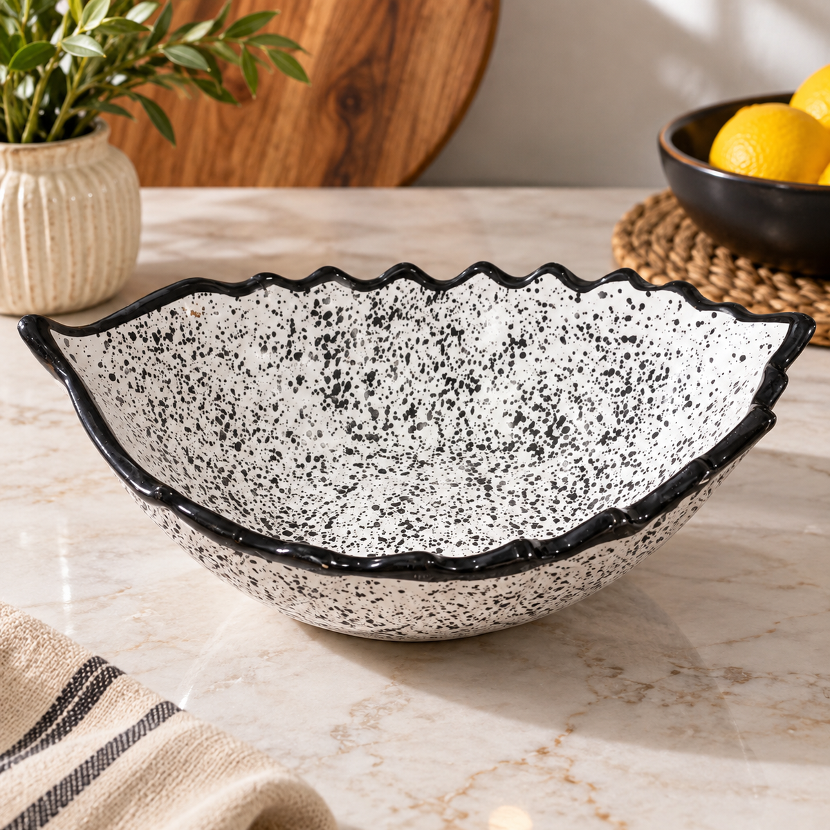 Moroccan Ceramic Boat-Shaped Serving Bowl – Hand-Painted Speckled Geometric Design
