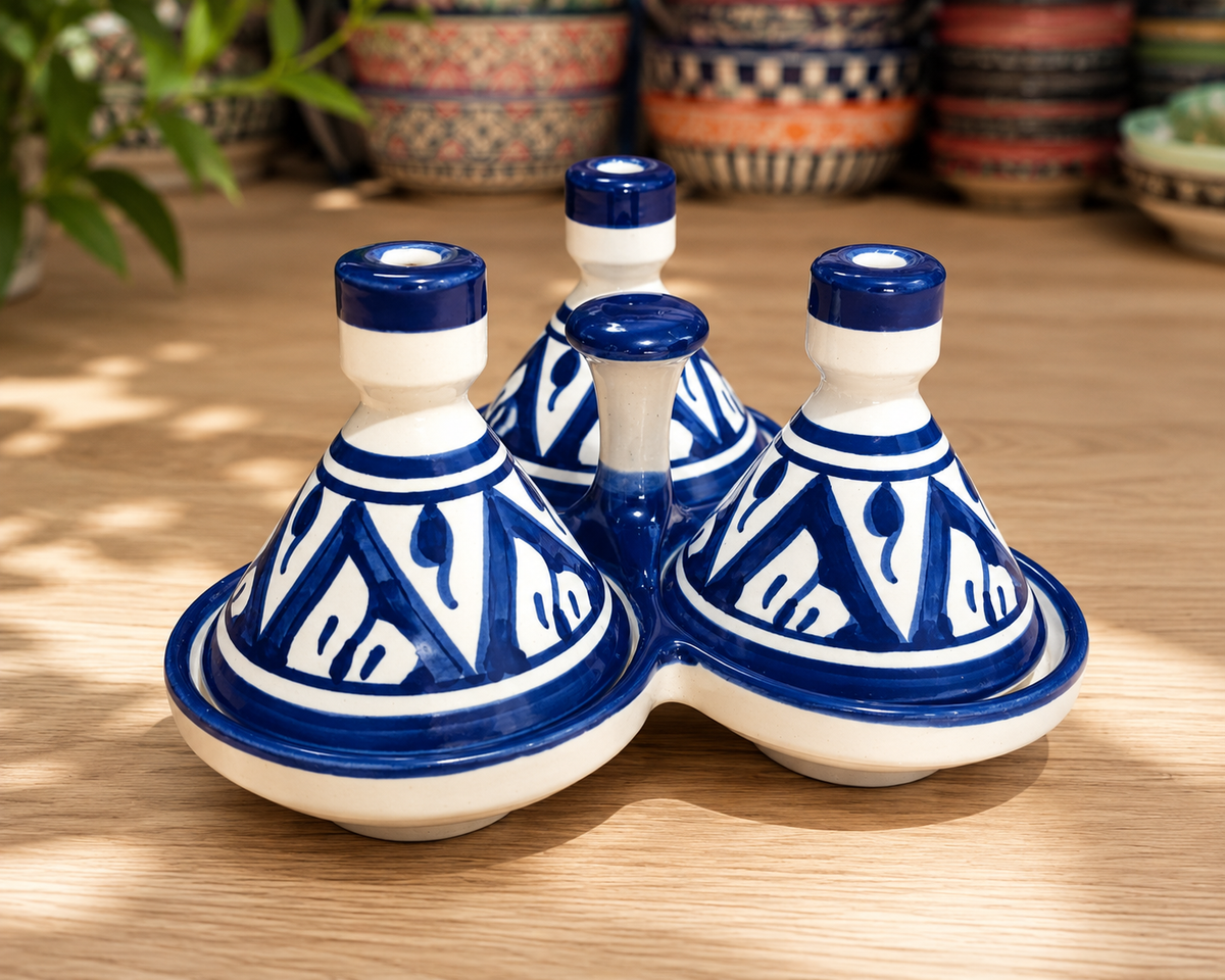 Moroccan Ceramic tagine 3-Compartment Spice Server – Hand-Painted Blue & White Tagine Condiment Holder