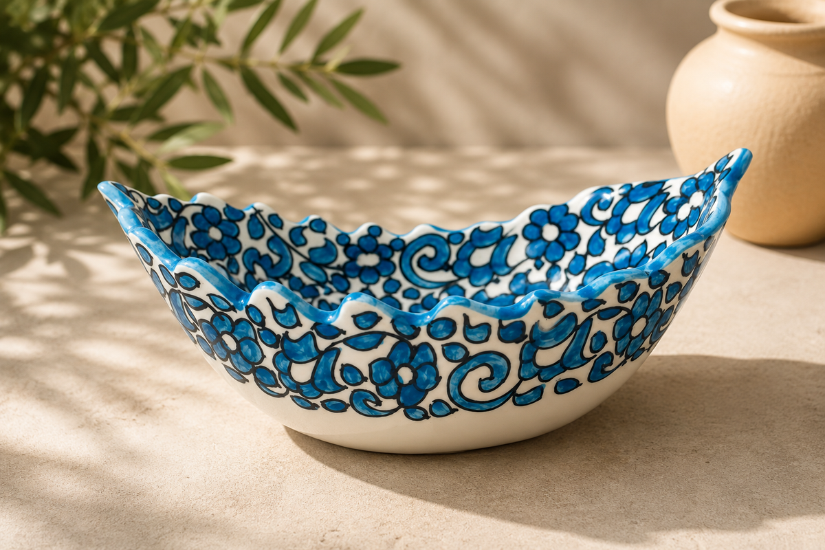 Hand-Painted Moroccan Ceramic Floral Serving Bowl – Blue & White Decorative Dish