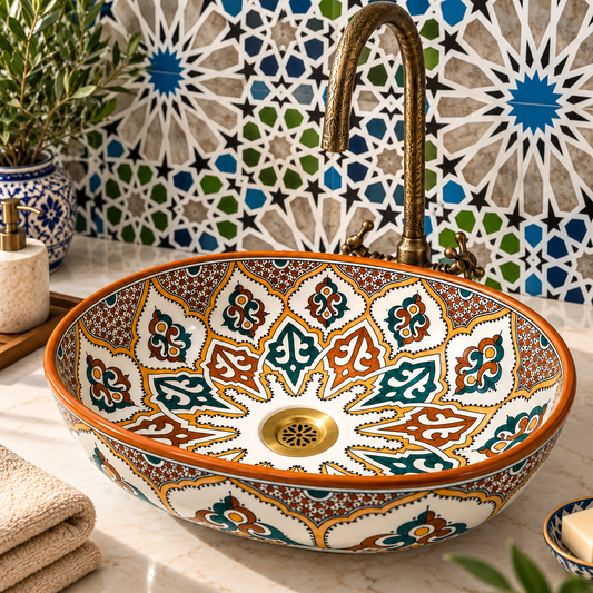 Moroccan Oval Sink with Brass Rim – Teal and Gold Bathroom Basin – Colorful Ceramic Vessel Sink – Artisan Bathroom Decor
