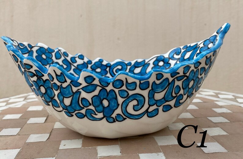 Hand-Painted Moroccan Ceramic Floral Serving Bowl – Blue & White Decorative Dish