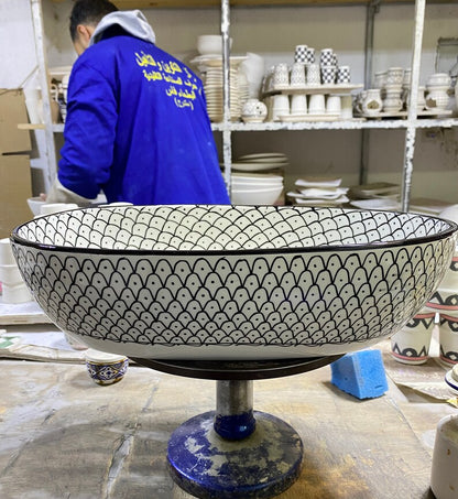 Handmade Moroccan Ceramic Vessel Sink – Green & Black & Gray Fish Scale Design
