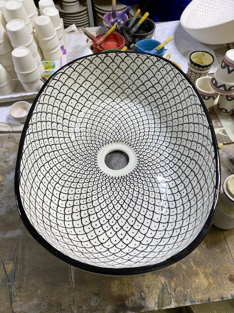 Handmade Moroccan Ceramic Vessel Sink – Green & Black & Gray Fish Scale Design