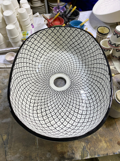 Handmade Moroccan Ceramic Vessel Sink – Green & Black & Gray Fish Scale Design