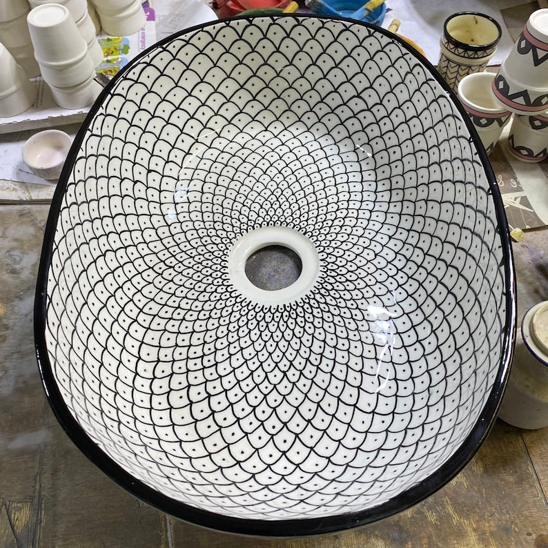 Handmade Moroccan Ceramic Vessel Sink – Green & Black & Gray Fish Scale Design