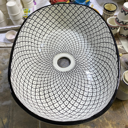 Handmade Moroccan Ceramic Vessel Sink – Green & Black & Gray Fish Scale Design