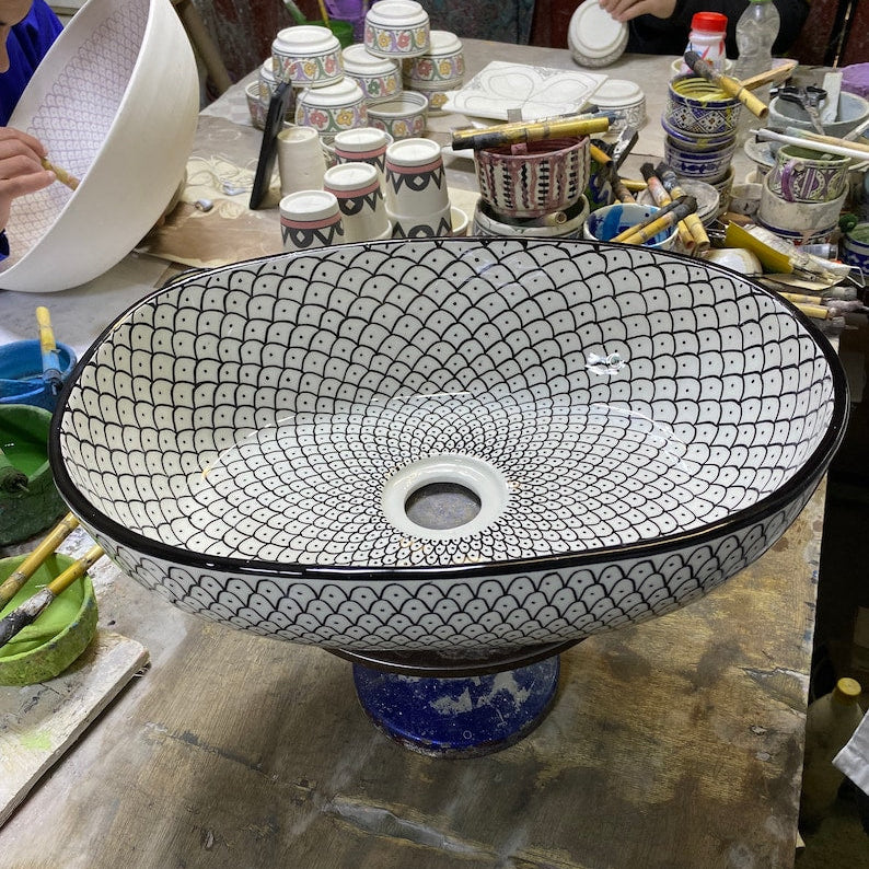 Handmade Moroccan Ceramic Vessel Sink – Green & Black & Gray Fish Scale Design