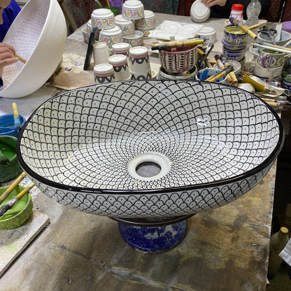 Handmade Moroccan Ceramic Vessel Sink – Green & Black & Gray Fish Scale Design