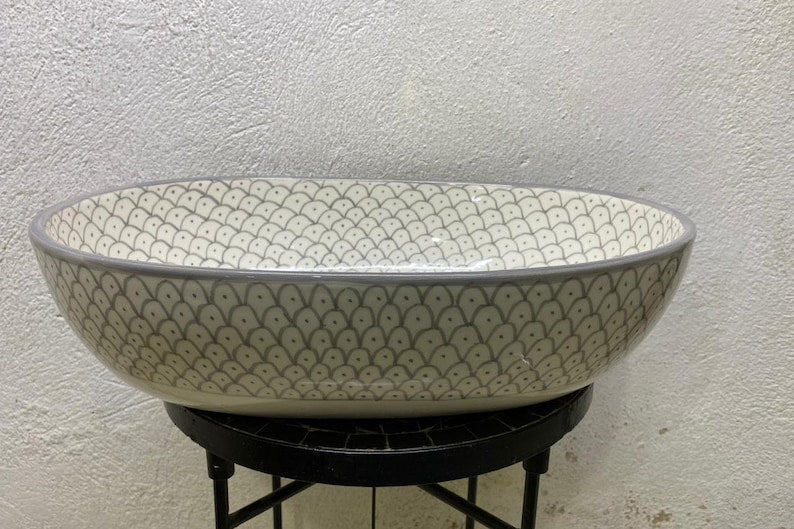 Handmade Moroccan Ceramic Vessel Sink – Green & Black & Gray Fish Scale Design