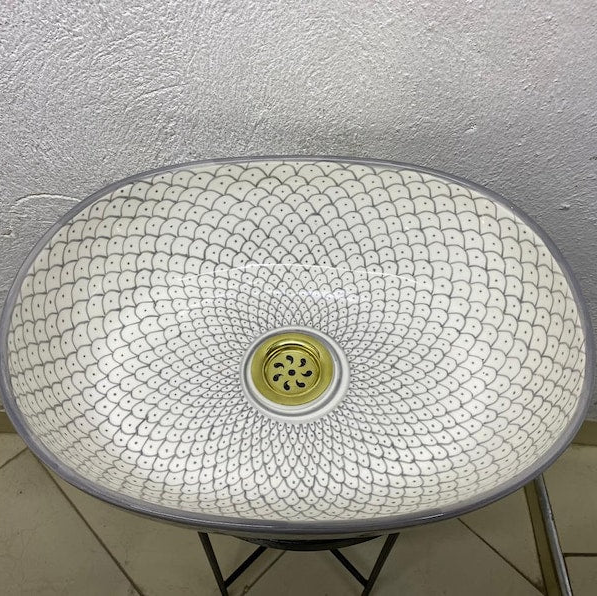 Handmade Moroccan Ceramic Vessel Sink – Green & Black & Gray Fish Scale Design