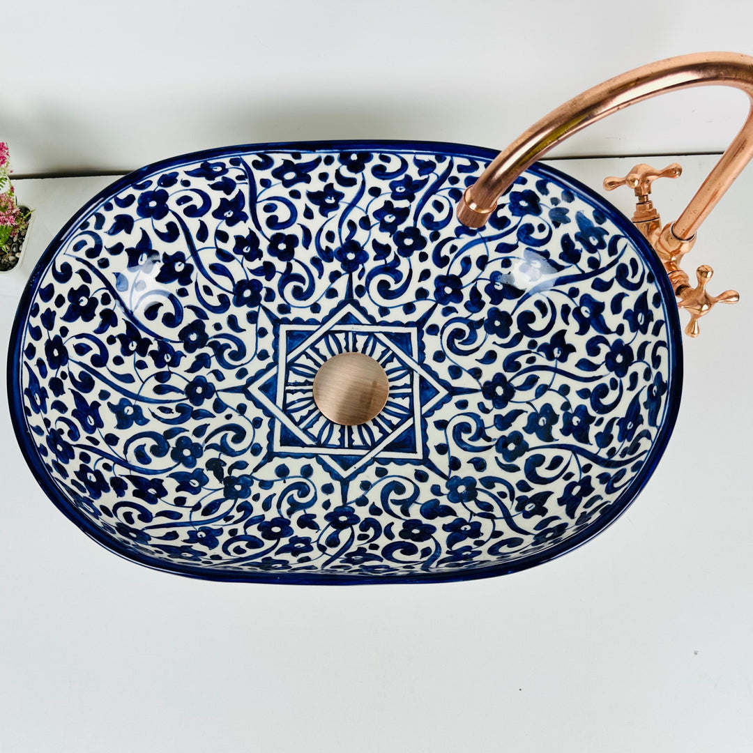 Handmade Moroccan Ceramic Vessel Sink – Blue & White Bathroom Sink