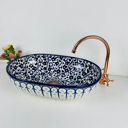 Handmade Moroccan Ceramic Vessel Sink – Blue & White Bathroom Sink