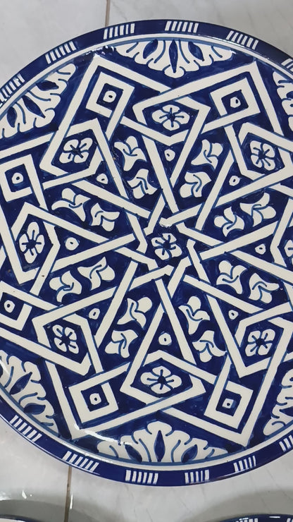 Handmade Moroccan Ceramic Decorative Plate – Blue & White Geometric Zellige Design