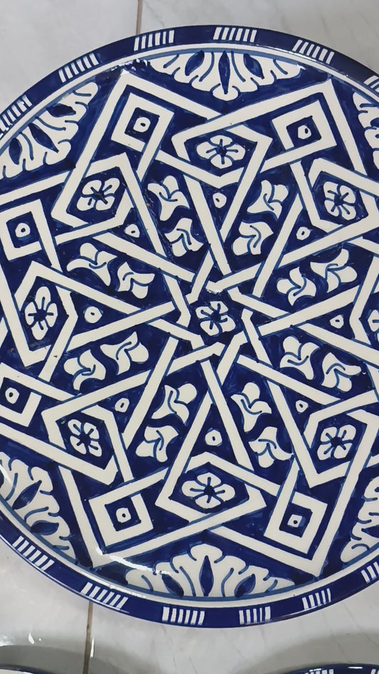 Handmade Moroccan Ceramic Decorative Plate – Blue & White Geometric Zellige Design