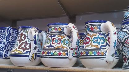 Traditional Moroccan Fassi Ceramic Pitcher – Multicolor & Cobalt Blue