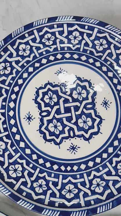 Handmade Moroccan Ceramic Decorative Plate – Blue & White Geometric Design