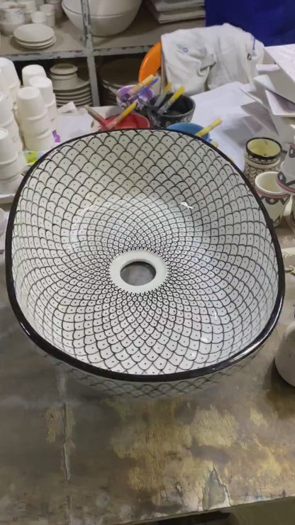 Handmade Moroccan Ceramic Vessel Sink – Green & Black & Gray Fish Scale Design