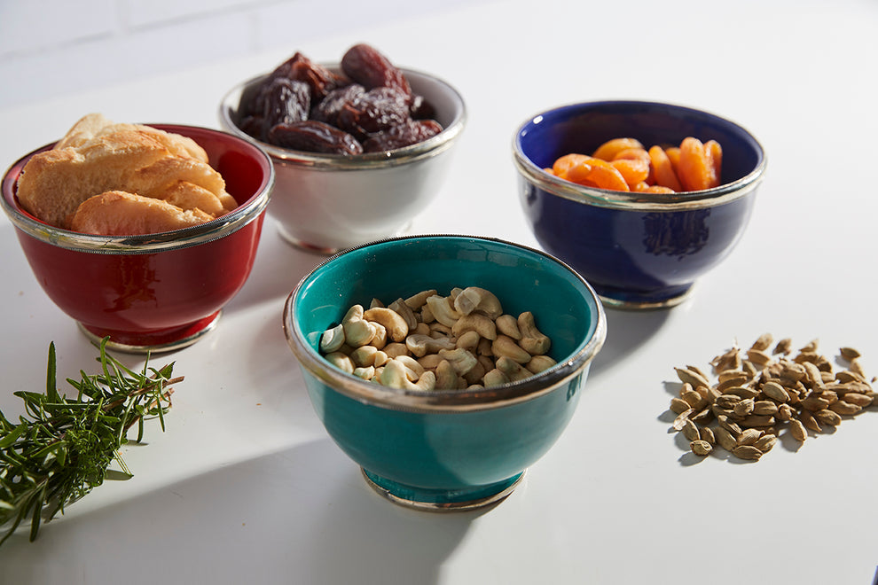 Handmade Moroccan Ceramic Snack Bowls with Silver Rim – Colorful Fez Pottery Serving Bowls
