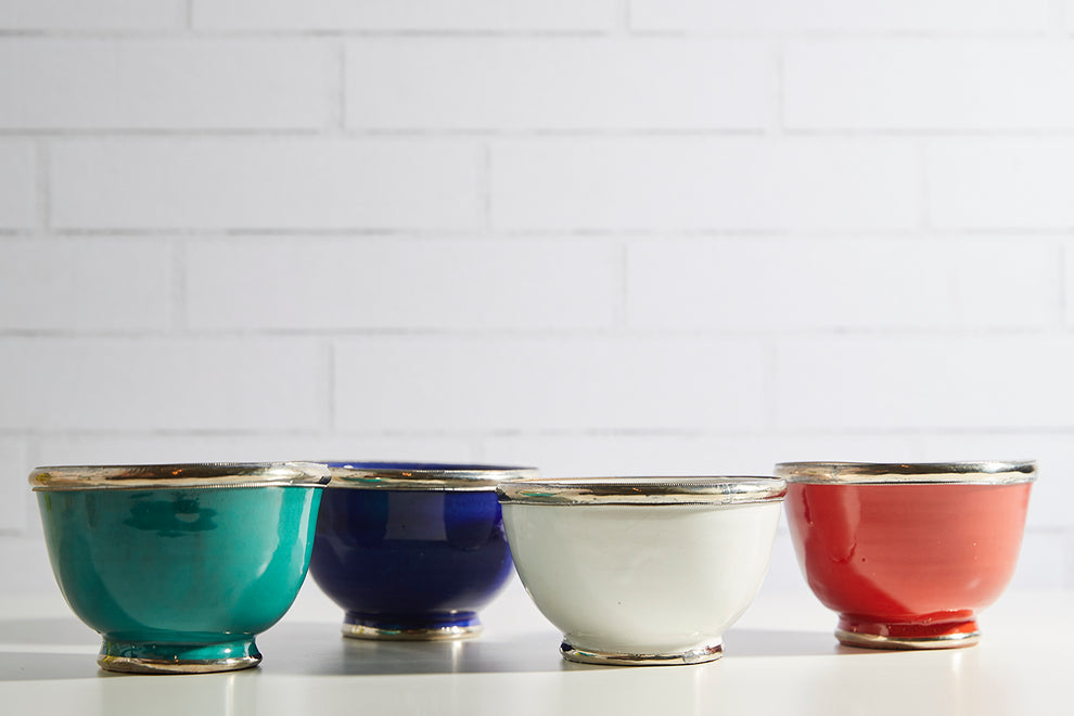 Handmade Moroccan Ceramic Snack Bowls with Silver Rim – Colorful Fez Pottery Serving Bowls